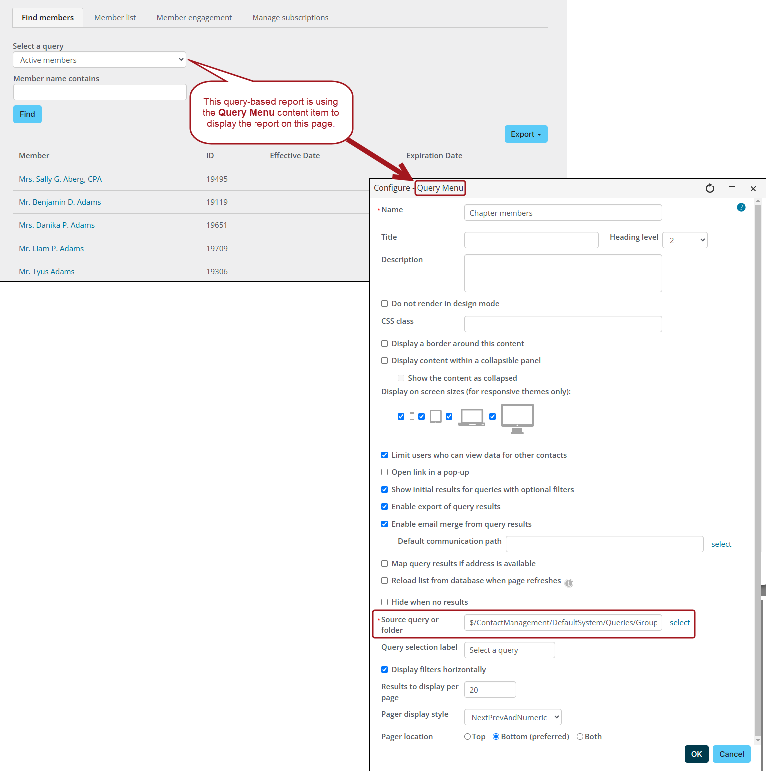 Viewing a query-based report using the Query Menu content item