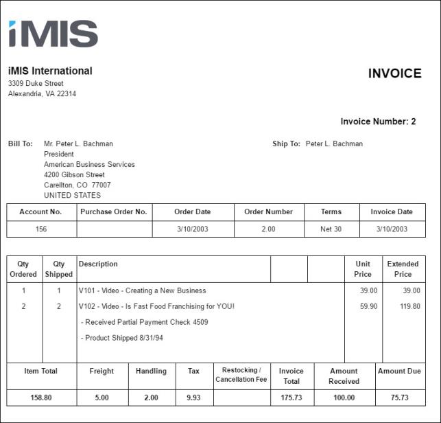 Viewing the Order Invoice report example