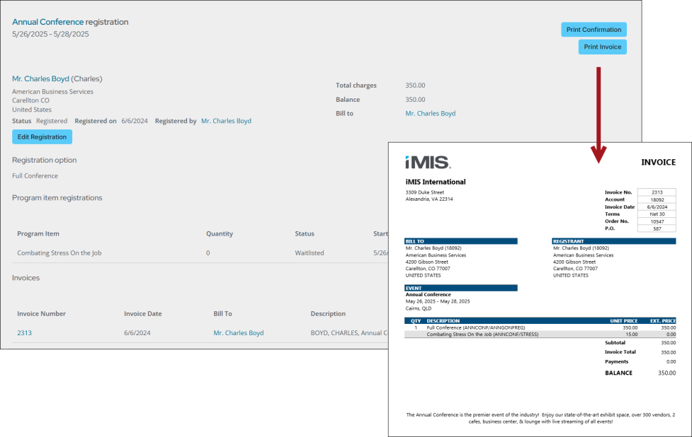 Viewing the Print Event Invoice for Registration report example