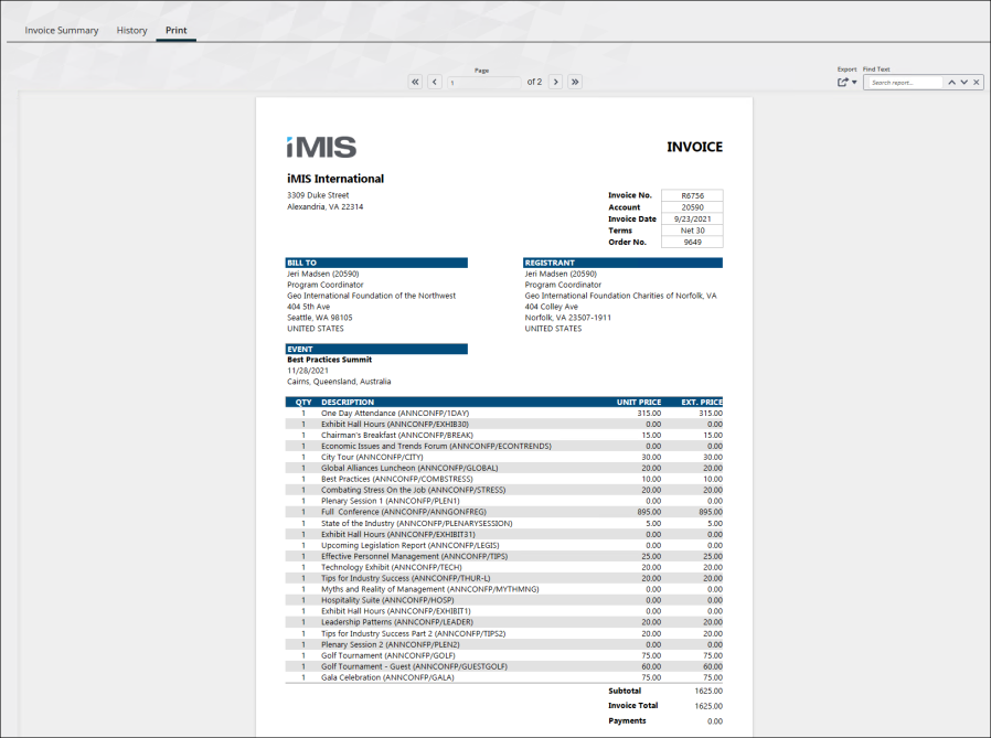Viewing the Print Selected Event Invoice report example