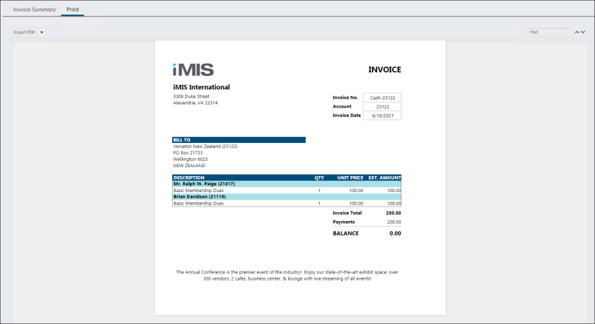 Viewing the Print Selected Invoice Detail report example