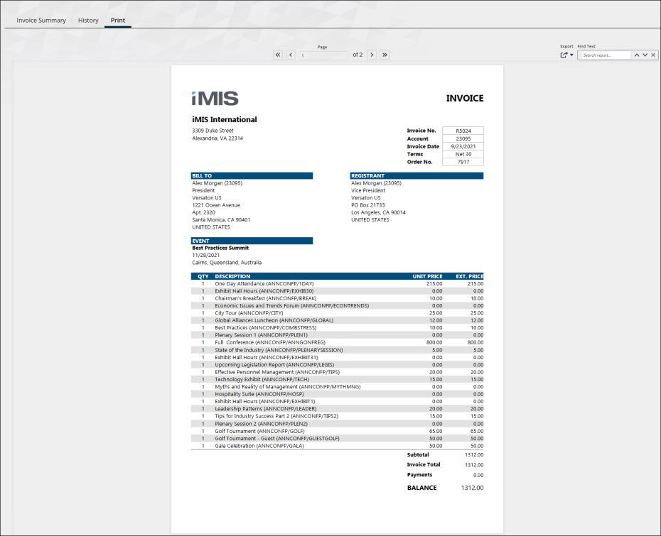 Viewing the Print Selected Order Invoice report example
