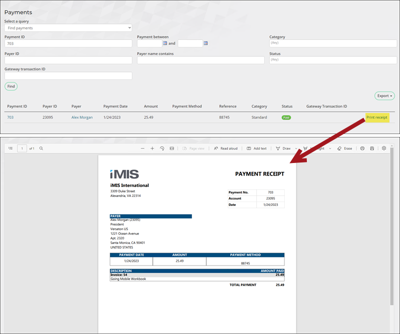 Viewing the Print Selected Payment Receipt report example 1