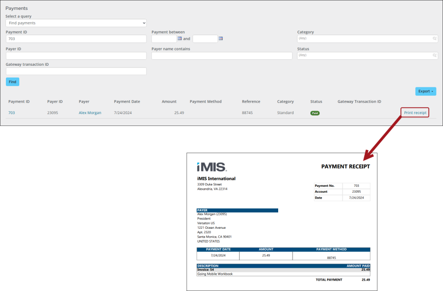 Viewing the Print Selected Payment Receipt report example 1