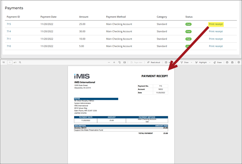 Viewing the Print Selected Payment Receipt report example 2