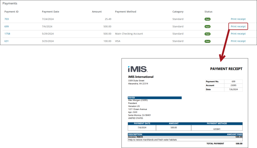 Viewing the Print Selected Payment Receipt report example 2