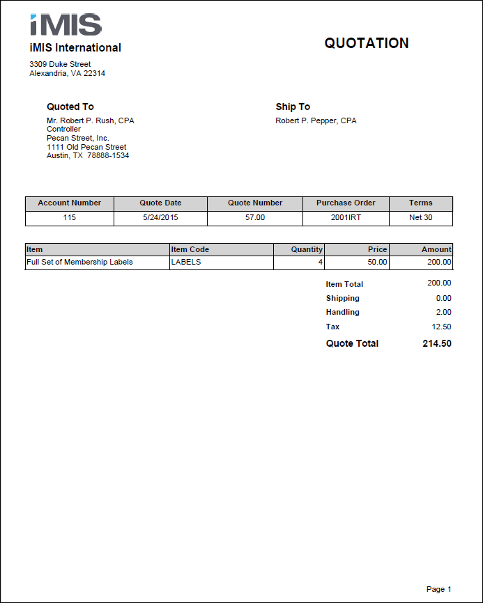 Viewing the Pro-Forma Quotation report example