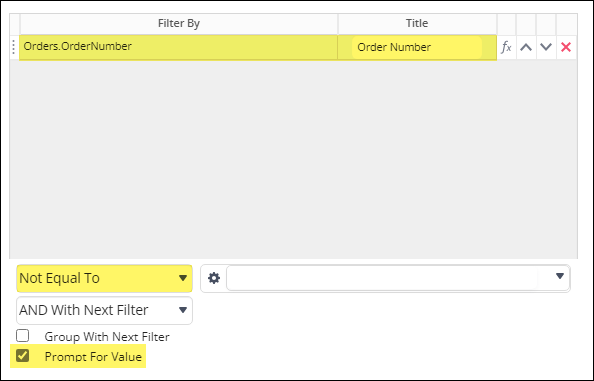 Prompt For Value option on a filter with Not Equal To selected
