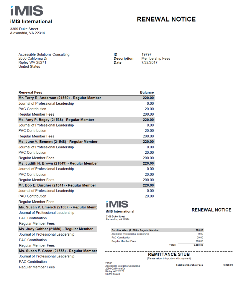 Viewing the Renewal Notice report example 2