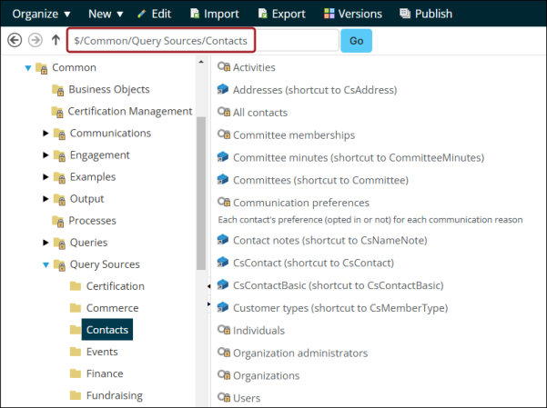 Viewing the $/Common/Query Sources/Contacts folder