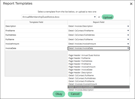 Selecting fields that correspond to the template fields