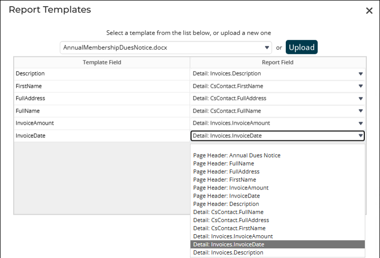 Selecting fields that correspond to the template fields