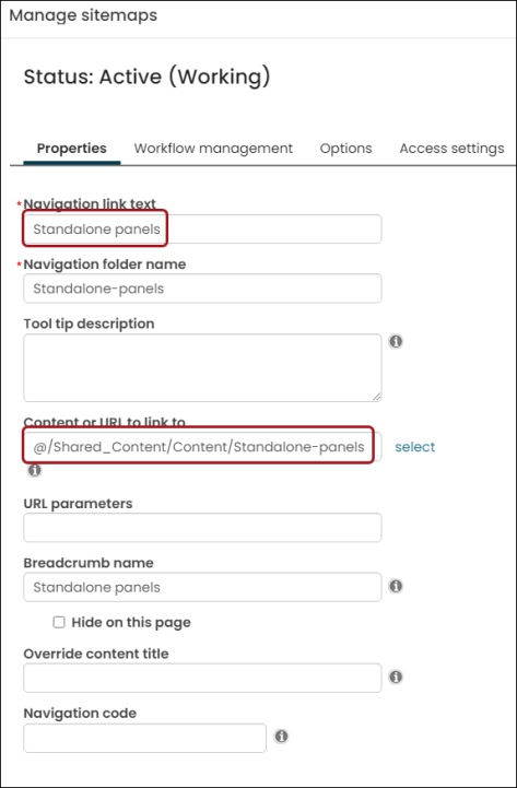 Adding on Navigation link text and Content or URL to link to