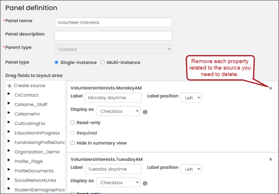 Removing each property related to the source you need to delete