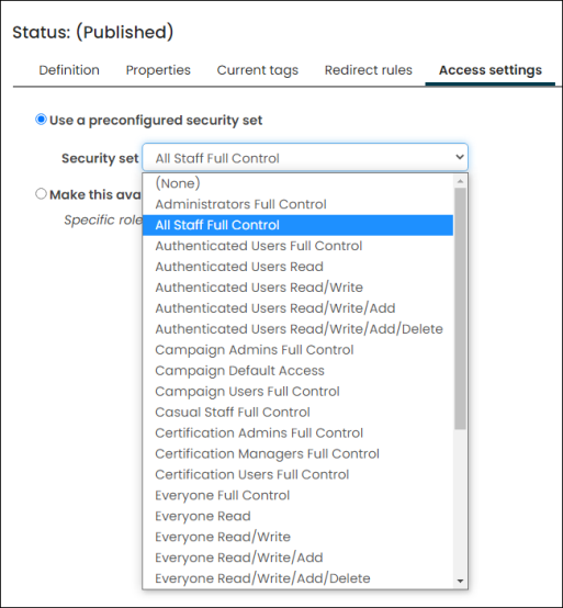 Enabling Use a preconfigured security set