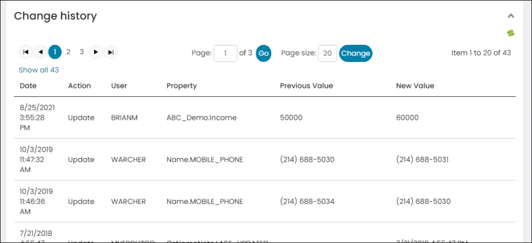 Viewing Change history example