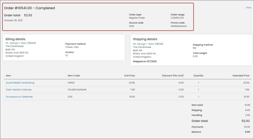 Viewing an Order Details Header content item example