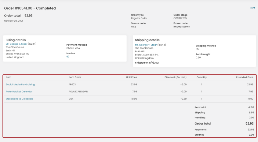 Viewing an Order Line Items content item example