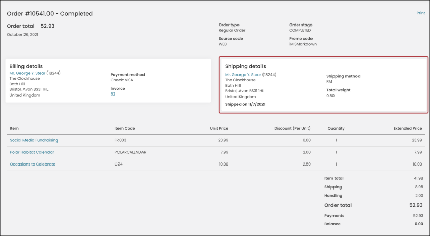 Viewing an Order Shipping Details content item example