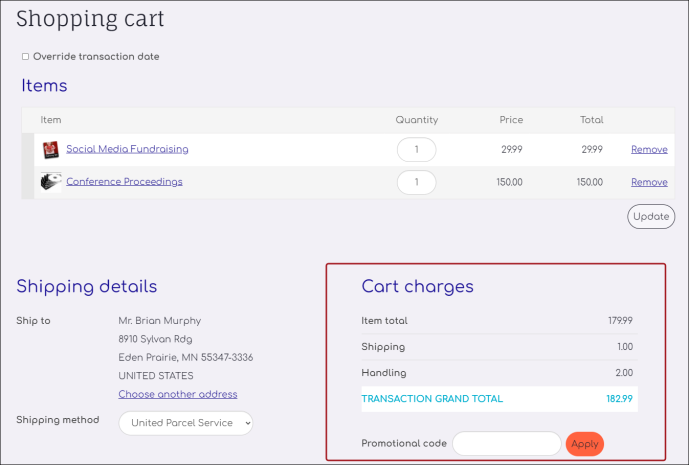 Viewing Cart charges in the Shopping cart