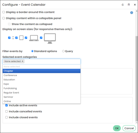 Viewing the Selected event categories drop-down list