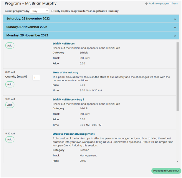 Viewing an Event Program Display content item example