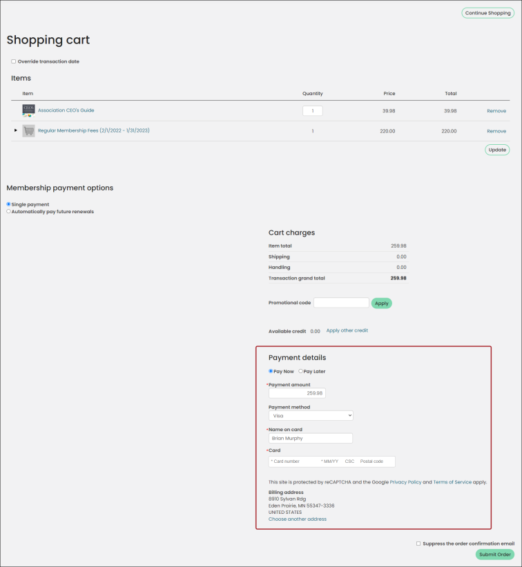 Viewing a Payment Creator content item example