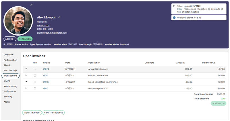 Viewing an Open Invoice List Display content item example