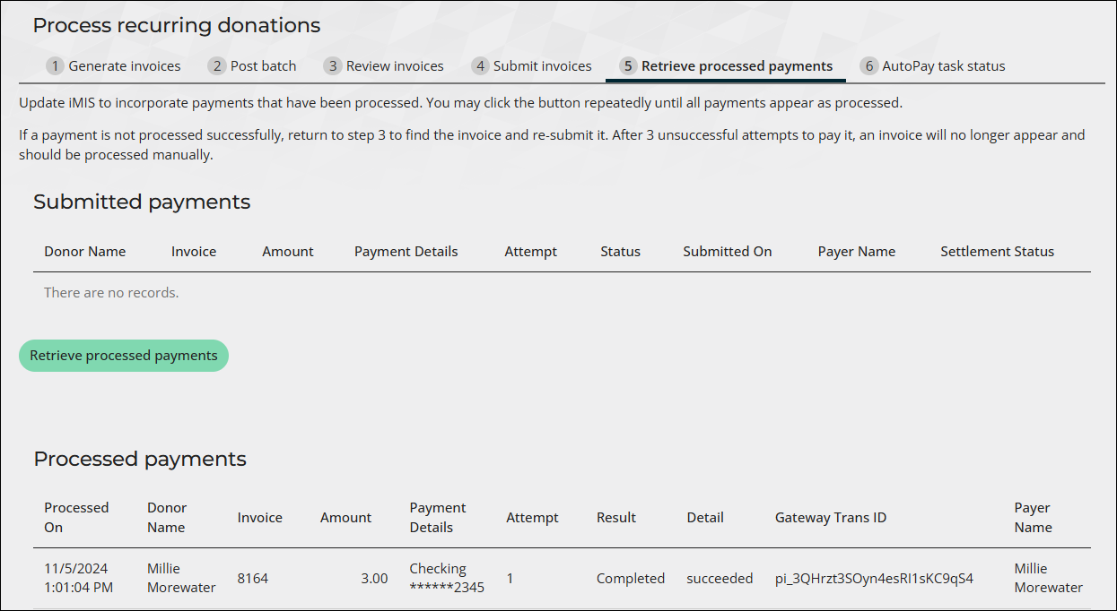 Viewing the Retrieved processed payments tab