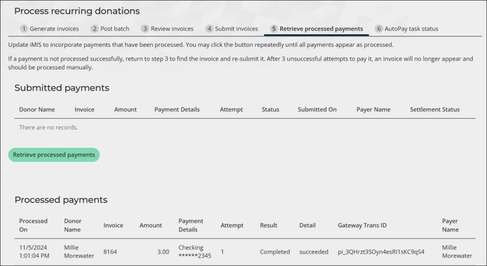 Viewing the Retrieved processed payments tab