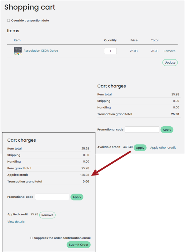 Viewing an Open Credit Display content item example