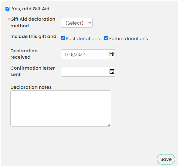 Viewing a Gift Aid Declaration content item example