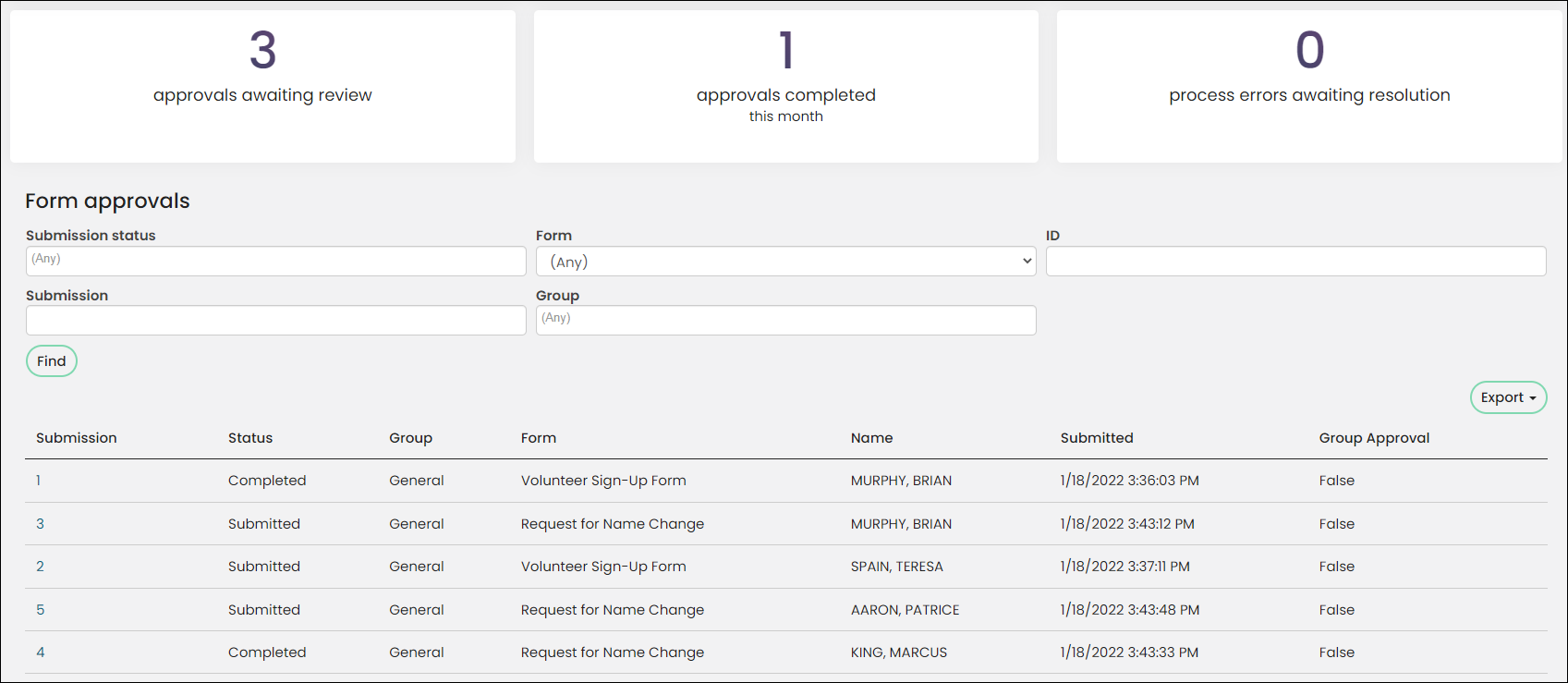 Viewing a Form Builder dashboard example