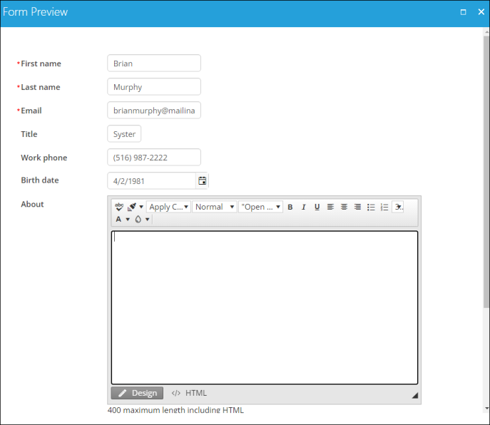 Previewing a contact demographics form example