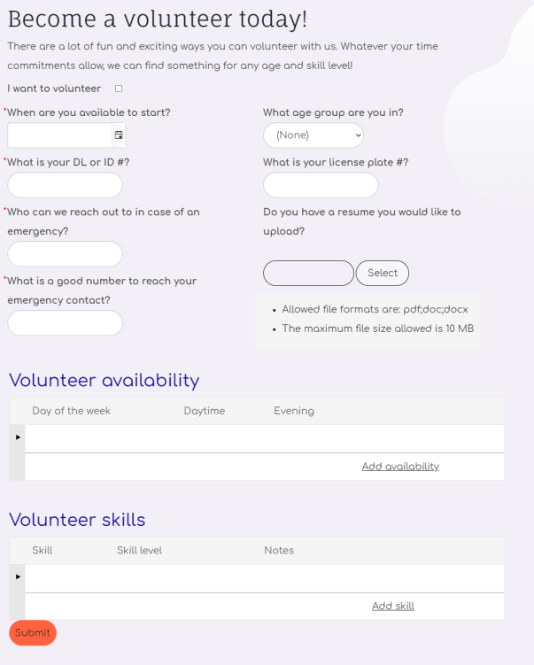 Viewing an example volunteer form