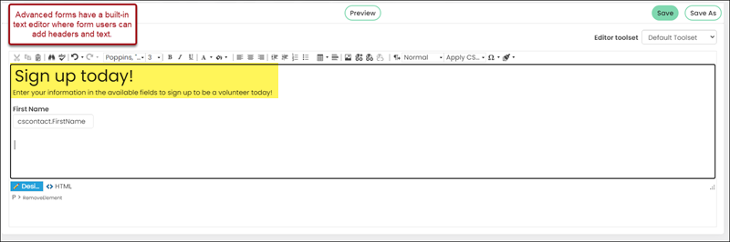 Viewing the built-in text editor were formusers can add headers and text