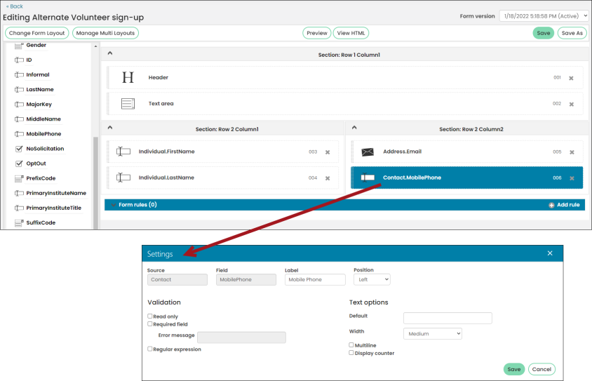 Adjusting an element's settings