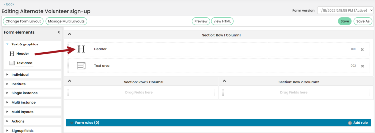 Dragging the Header element to the canvas