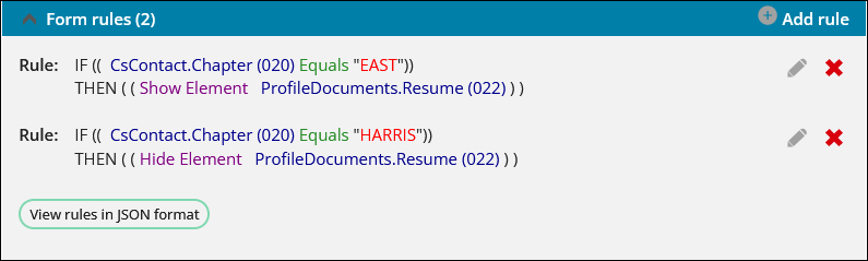 Viewing rules as they apply to the ProfileDocuments.Resume elemt