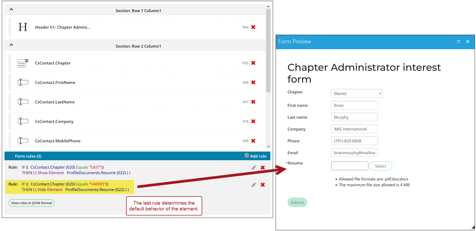 Viewing the resume element that is shown by default