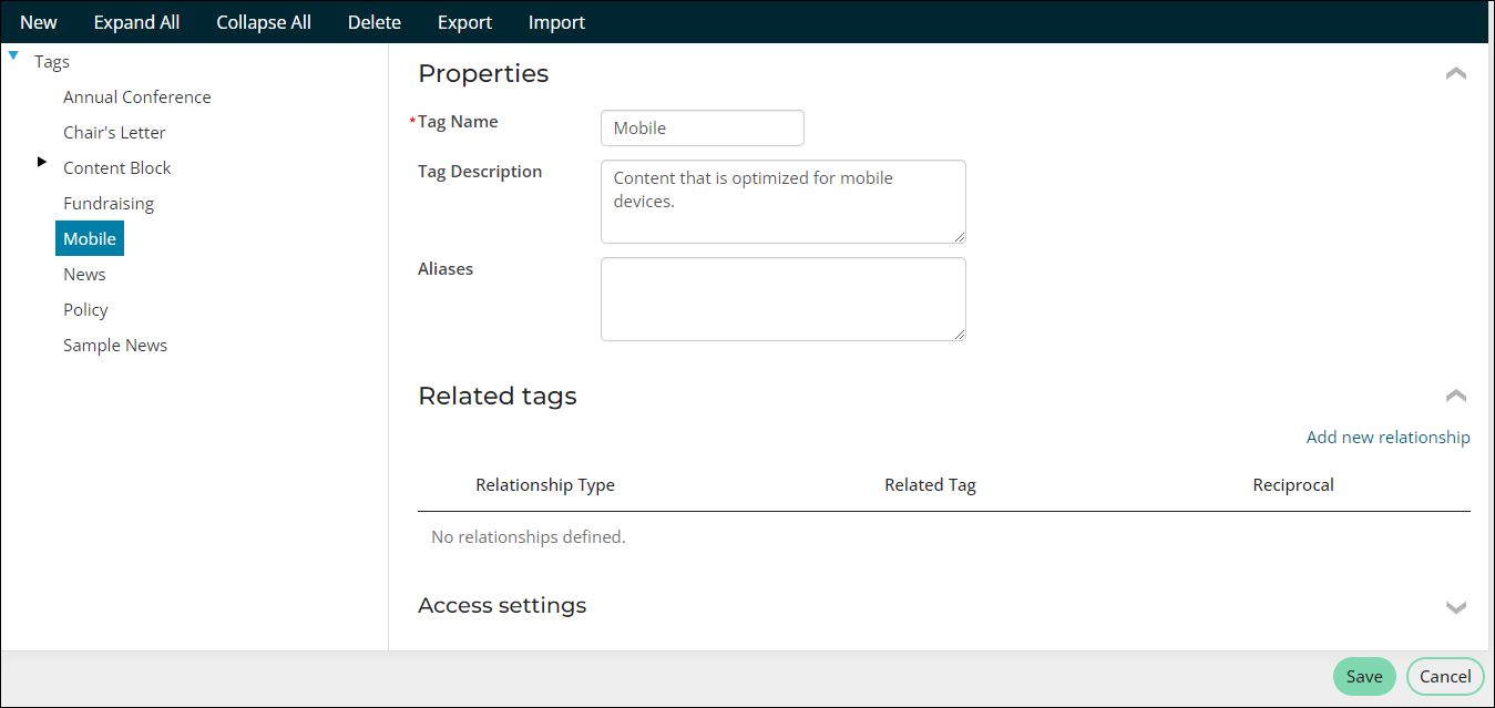 Defining the tag’s Properties, Related Tags, and Access Settings