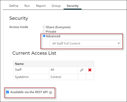 Selecting the AllStaffFullControl security and Available via the REST API settings