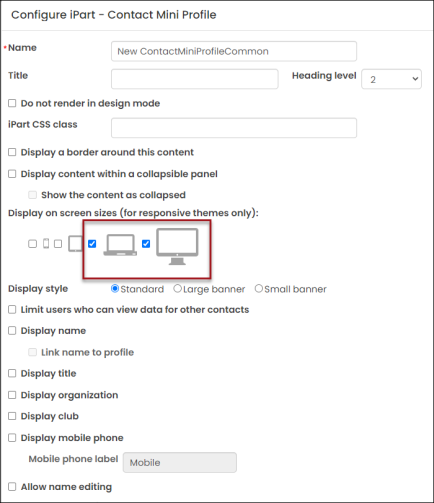 Configuring the screen size displays for a content item