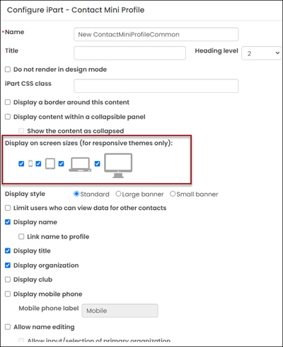 Configuring the screen size displays for a content item