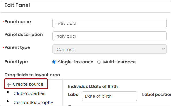 Selecting Create source