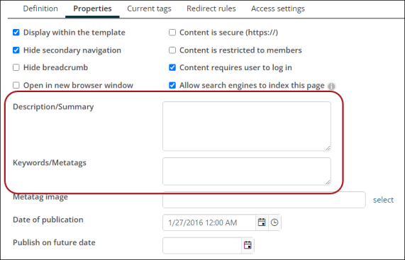 Viewing the Description/Summary and Keywords/Metatags fields