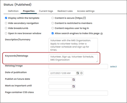 Populating the keywords/metatags on content records