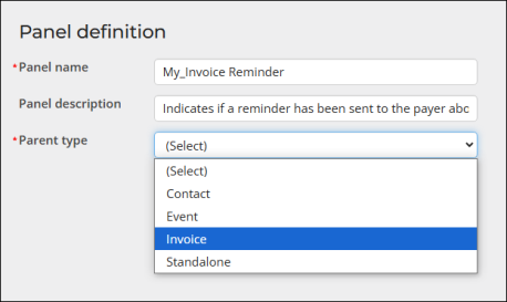 Selecting invoice as the panel parent type