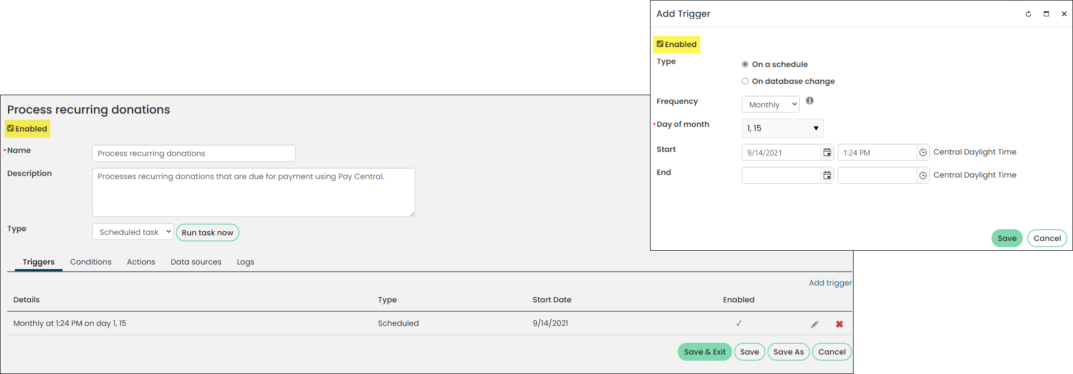 Enabling the Process recurring donations task and monthly trigger