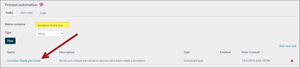 Screenshot of the Process automation dialog, which shows the donation thank you query in the Name contains field.